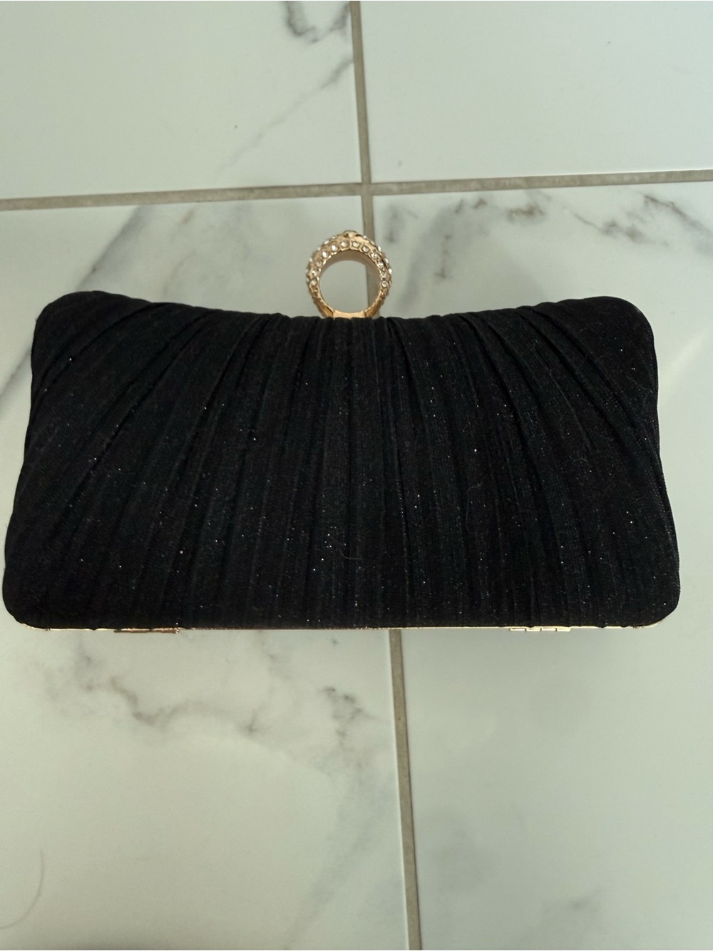 Amazon Black Pleated Evening Clutch with Jeweled Ring